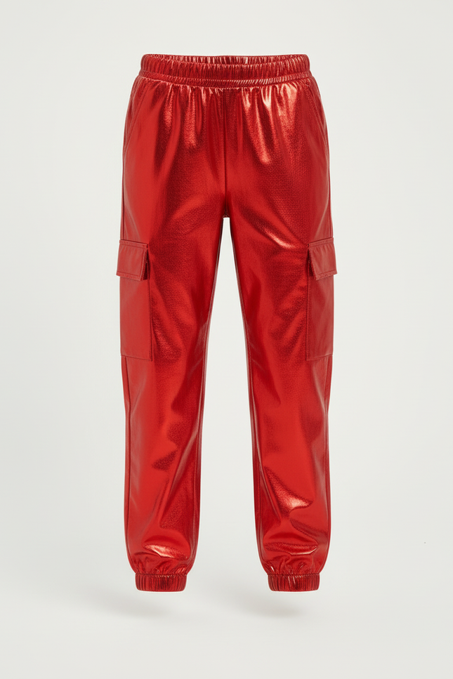 Pantalon Cargo Rouge Brillant Métallique Ample Enfant - Simili cuir - vue 3
