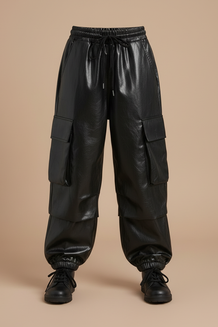 Pantalon Cargo Noir Similicuir Ample Fille Poches - Simili cuir - vue 3