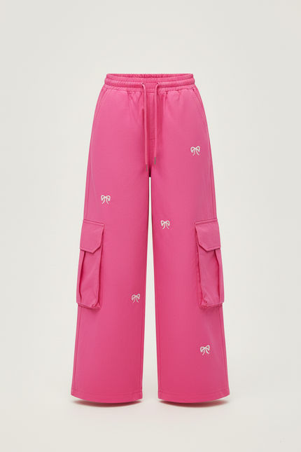 Pantalon Cargo Rose Ample Broderie Nœuds Poches Fille - Toile - vue 3