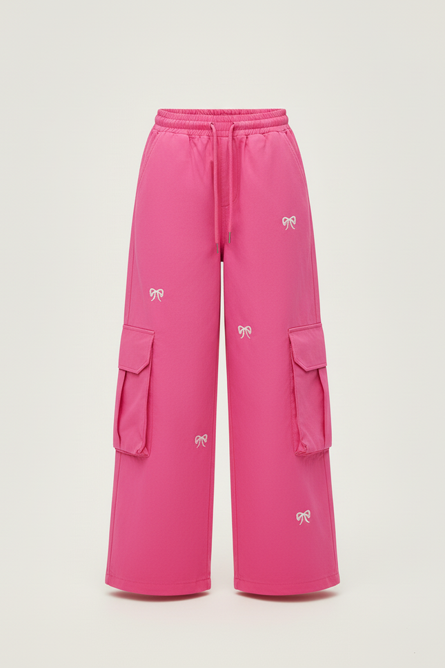 Pantalon Cargo Rose Ample Broderie Nœuds Poches Fille - Toile - vue 3