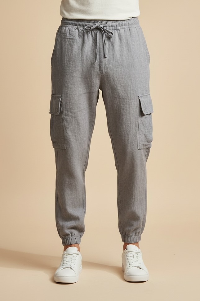 Pantalon Cargo Gris Coton Lin Décontracté Homme - vue 3
