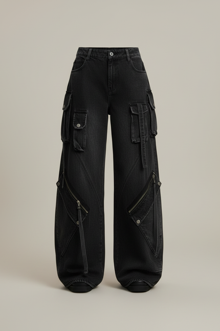 Pantalon Cargo Noir Délavé Ample Multipoches Zippées Femme - Jean - vue 3