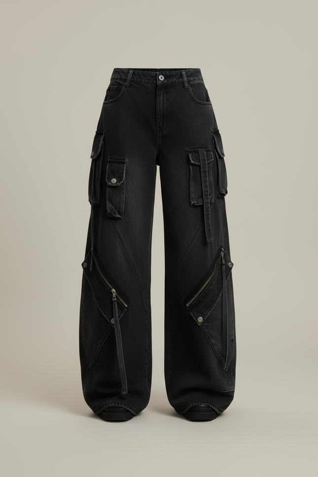 Pantalon Cargo Noir Délavé Ample Multipoches Zippées Femme - Jean - vue 3