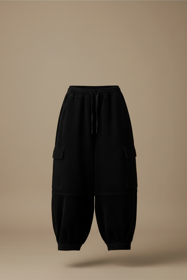 Pantalon Cargo Noir Velours Côtelé Ample Femme Harem - Cordé - vue 3