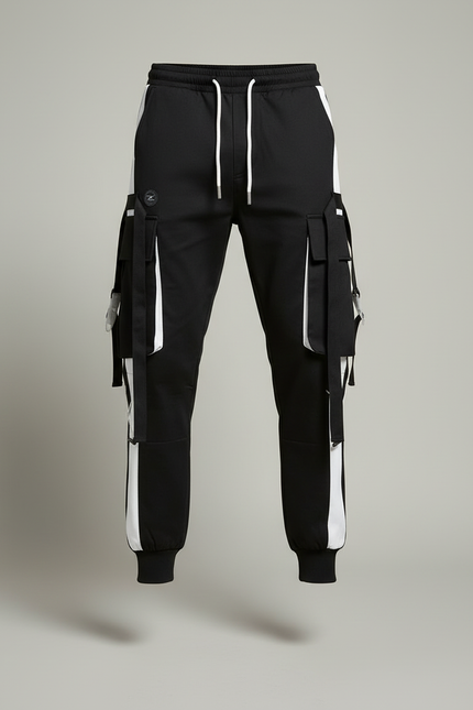 Pantalon Cargo Noir Blanc Bandes Multipoches Streetwear Homme - Toile - vue 3