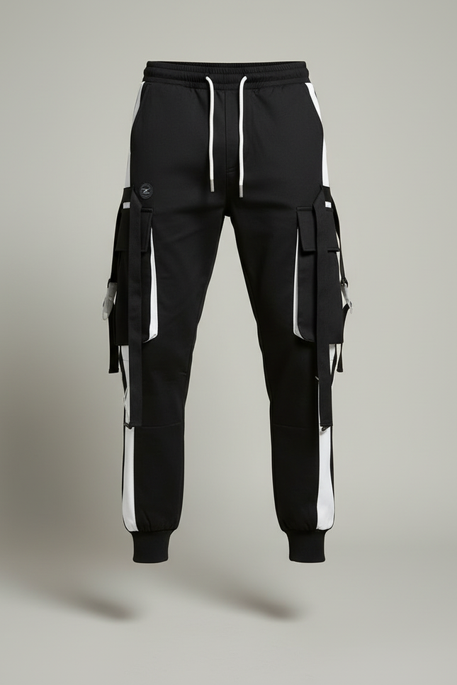 Pantalon Cargo Noir Blanc Bandes Multipoches Streetwear Homme - Toile - vue 3