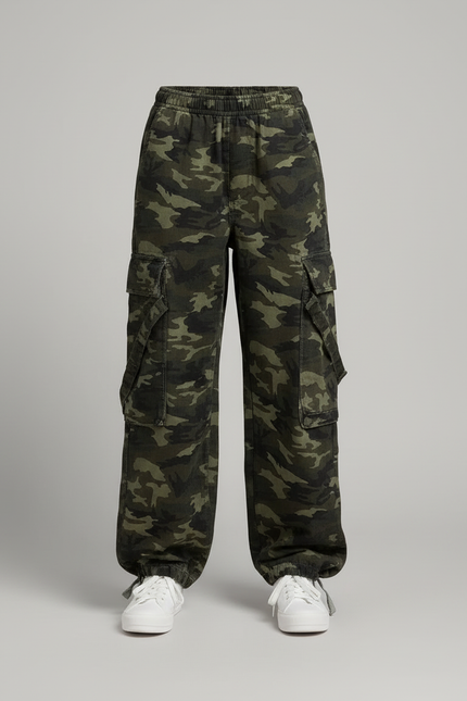 Pantalon Cargo Camouflage Ample Vert Décontracté Multipoches - Toile - vue 3