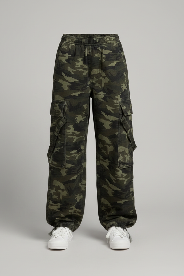 Pantalon Cargo Camouflage Ample Vert Décontracté Multipoches - Toile - vue 3