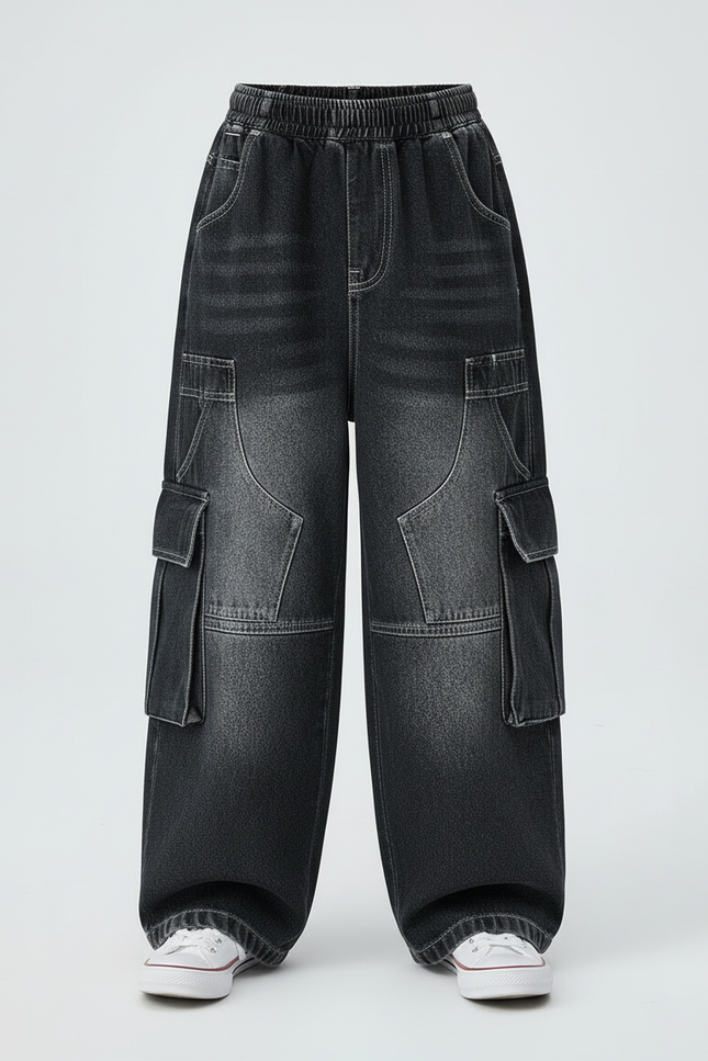 Pantalon Cargo Jean Ample Délavé Garçon Multipoches - Noir - vue 3