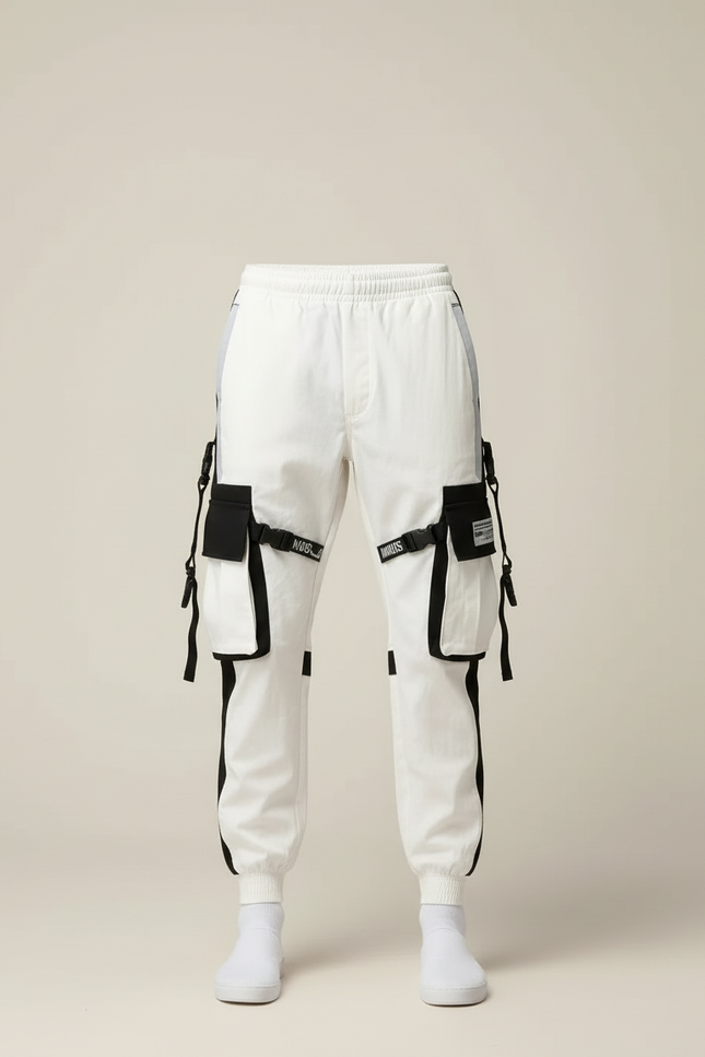 Pantalon Cargo Blanc Noir Techwear Poches Multiples Homme - Polyester - vue 3