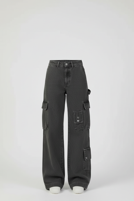 Pantalon Cargo Gris Délavé Ample Multipoches Streetwear Femme - Jean - vue 3