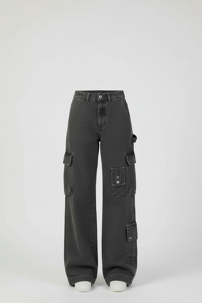 Pantalon Cargo Gris Délavé Ample Multipoches Streetwear Femme - Jean - vue 3