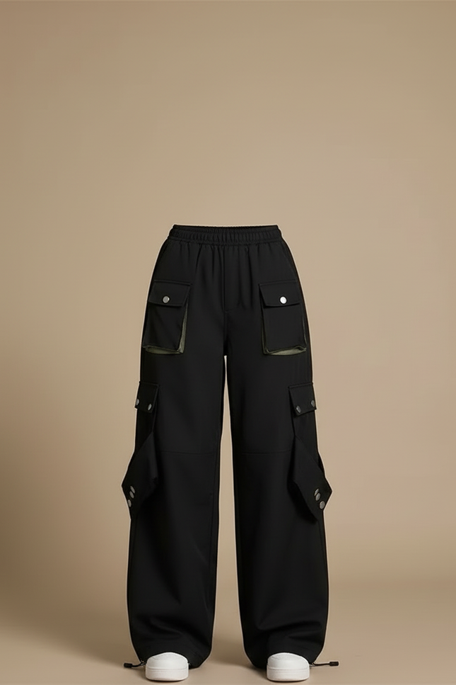 Pantalon Cargo Noir Ample Techwear Multipoches - Polyester - vue 3
