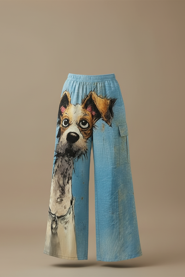 Pantalon Cargo Bleu Ample Imprimé Chien Décontracté - Lin - vue 3