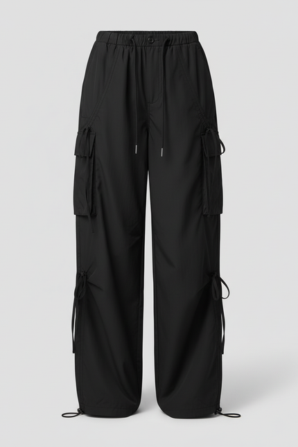 Pantalon Cargo Noir Fluide Cordon Streetwear Femme - Polyester - vue 3