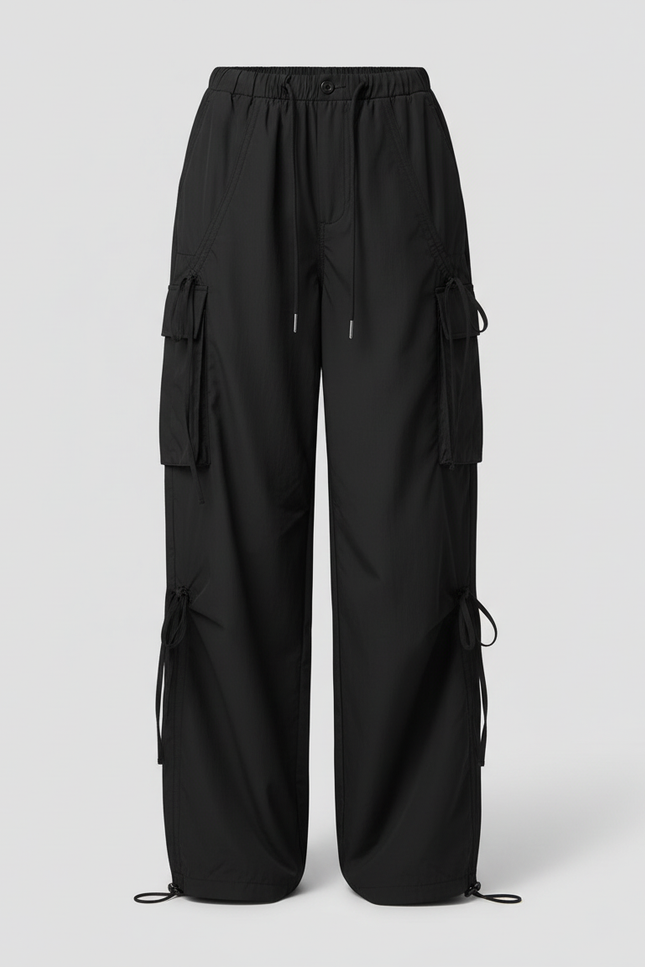 Pantalon Cargo Noir Fluide Cordon Streetwear Femme - Polyester - vue 3