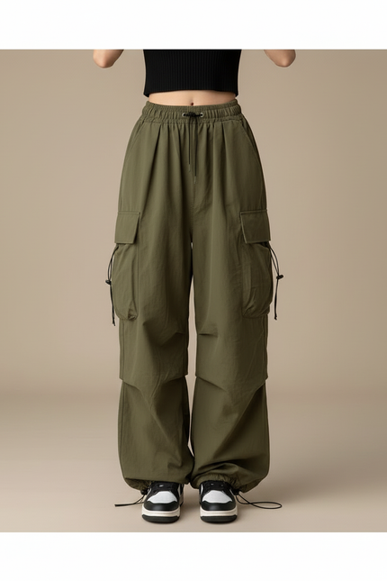 Pantalon Cargo Vert Ample Décontracté Taille Haute Femme - Kaki Polyester - vue 3