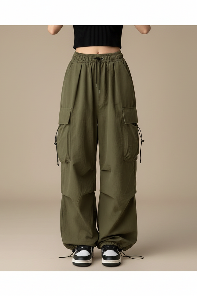 Pantalon Cargo Vert Ample Décontracté Taille Haute Femme - Kaki Polyester - vue 3