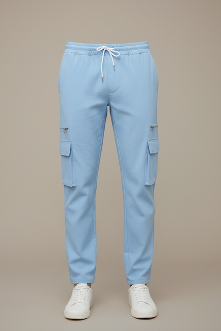 Pantalon Cargo Bleu Ciel Décontracté Cordon Poches Zippées - Polyester - vue 3