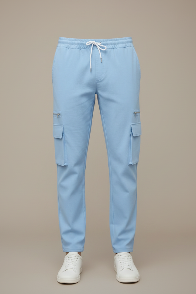Pantalon Cargo Bleu Ciel Décontracté Cordon Poches Zippées - Polyester - vue 3