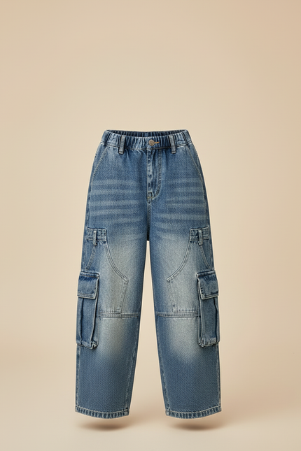 Pantalon Cargo Jean Ample Délavé Multipoches Garçon - Bleu - vue 3
