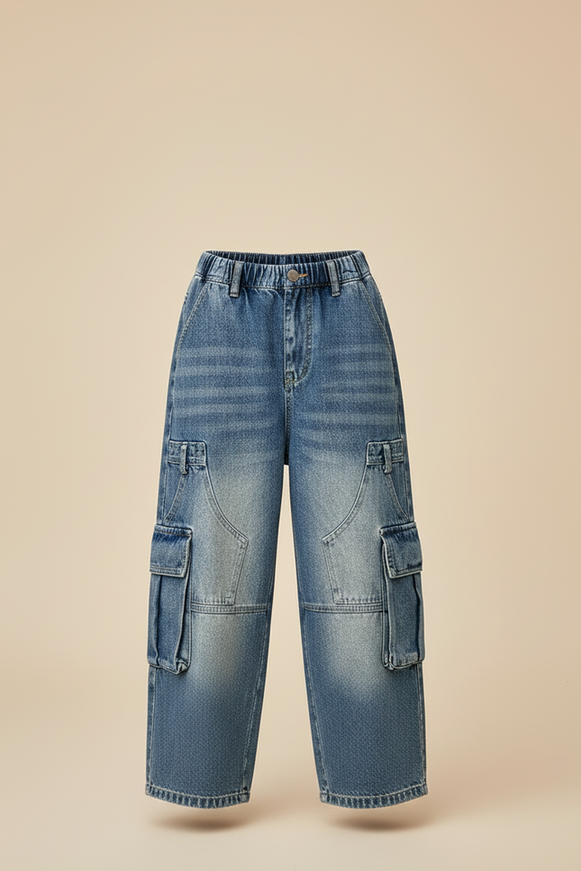 Pantalon Cargo Jean Ample Délavé Multipoches Garçon - Bleu - vue 3