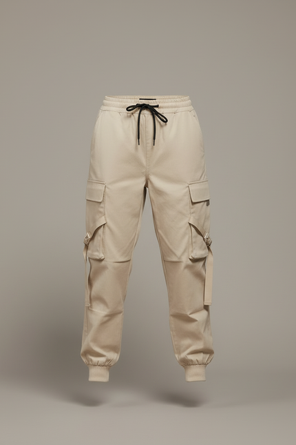 Pantalon Cargo Femme Streetwear Ample Cordon Taille Haute - Beige Toile - vue 3