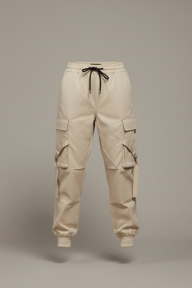 Pantalon Cargo Femme Streetwear Ample Cordon Taille Haute - Beige Toile - vue 3