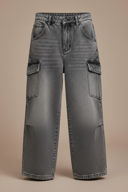 Pantalon Cargo Gris Délavé Ample Multipoches Enfant - Jean - vue 3