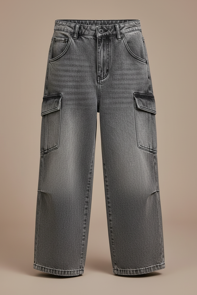 Pantalon Cargo Gris Délavé Ample Multipoches Enfant - Jean - vue 3