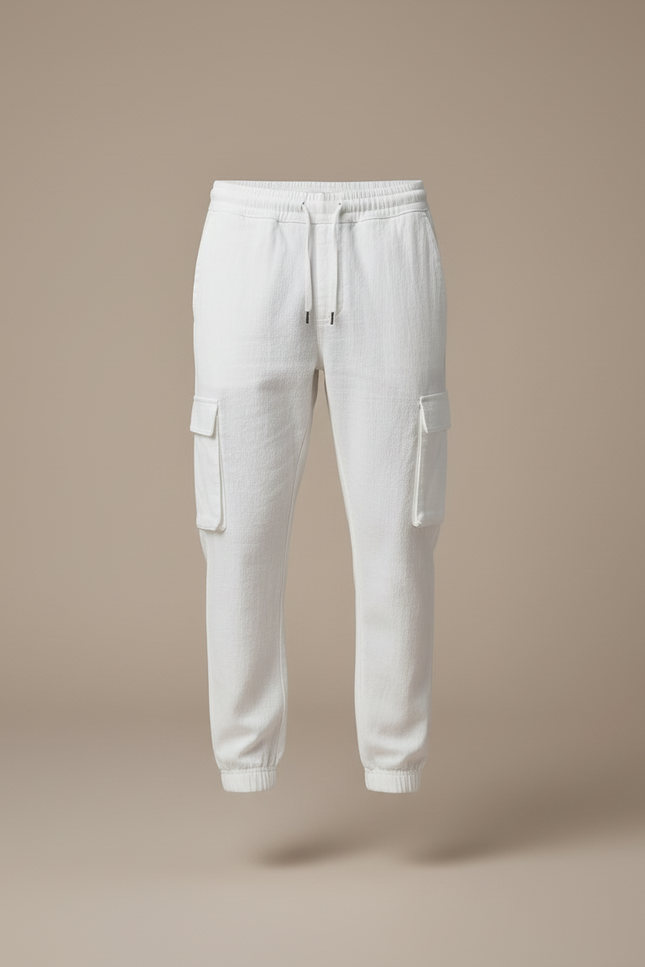 Pantalon Cargo Blanc Coton Lin Cordon Décontracté - vue 3