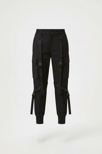 Pantalon Cargo Noir Décontracté Sangles Fille Urbain - Toile - vue 3