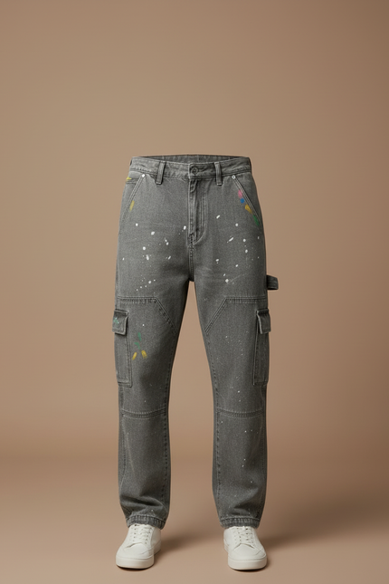 Pantalon Cargo Gris Délavé Peint Ample Multi-Poches - Jean - vue 3