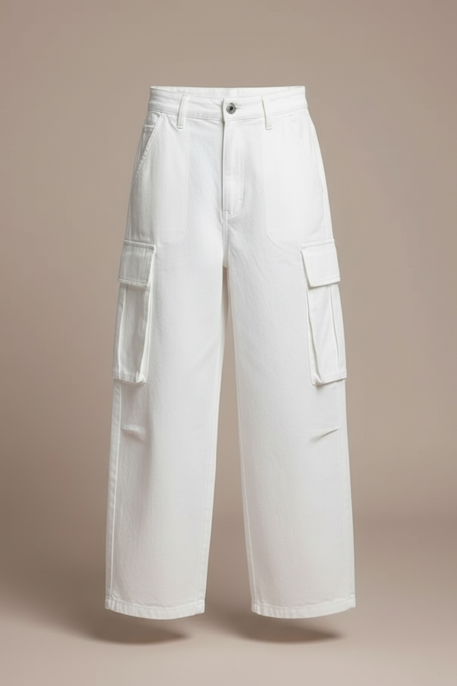 Pantalon Cargo Fille Blanc Baggy - Toile - vue 3