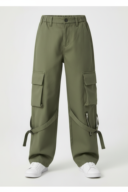 Pantalon Cargo Vert Militaire Ample Multipoches Zippé - Kaki Toile - vue 3