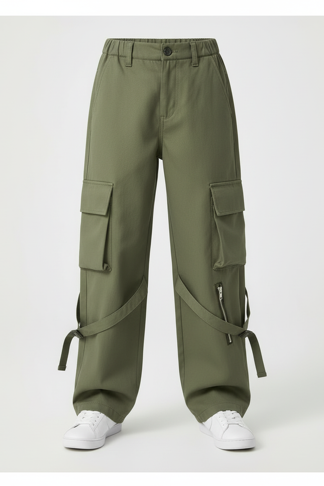 Pantalon Cargo Vert Militaire Ample Multipoches Zippé - Kaki Toile - vue 3