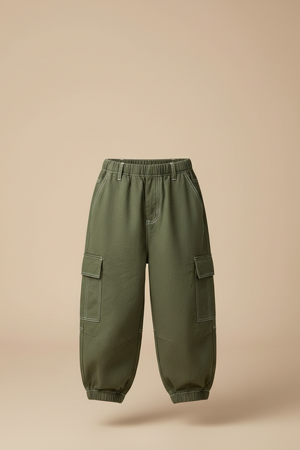 Pantalon Cargo Vert Ample Coton Enfant - Kaki Toile - vue 3
