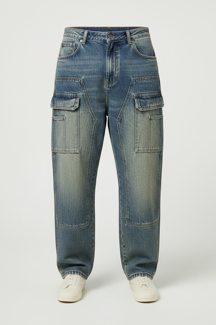 Pantalon Cargo Jean Bleu Ample Délavé Homme - vue 3