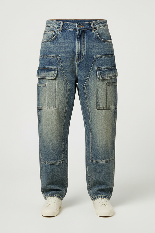Pantalon Cargo Jean Bleu Ample Délavé Homme - vue 3