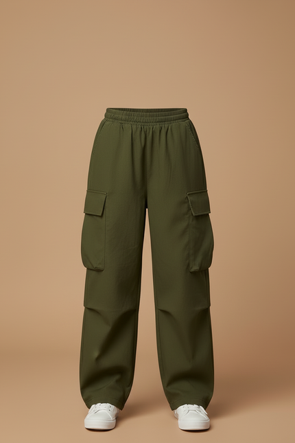 Pantalon Cargo Vert Ample Taille Élastique Fille - Kaki Gabardine - vue 3