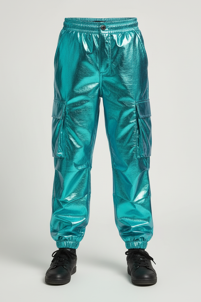 Pantalon Cargo Brillant Turquoise Ample Garçon Streetwear - Bleu Polyester - vue 3