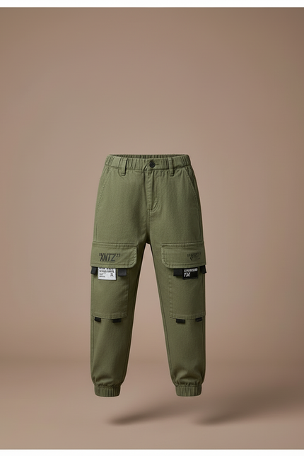 Pantalon Cargo Vert Militaire Décontracté Multipoches Enfant - Kaki Toile - vue 3