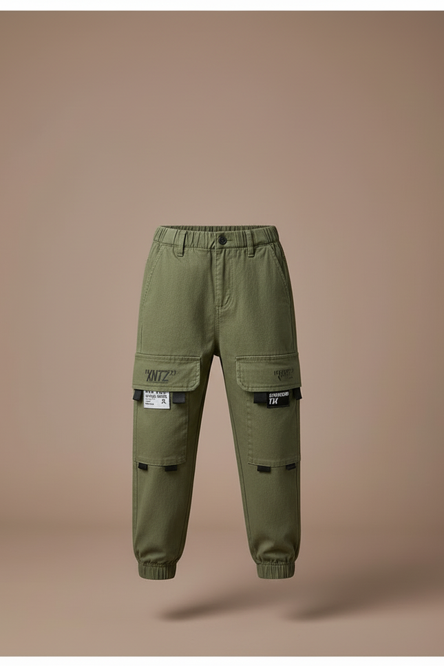 Pantalon Cargo Vert Militaire Décontracté Multipoches Enfant - Kaki Toile - vue 3