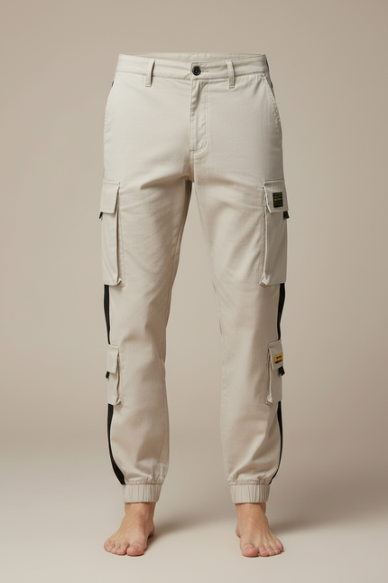 Pantalon Cargo Beige Bandes Noires Multipoches Jogger - Toile - vue 3