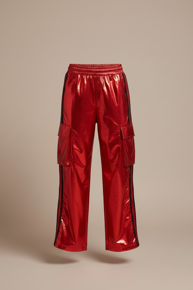 Pantalon Cargo Rouge Brillant Ample Fille Streetwear - Polyester - vue 3