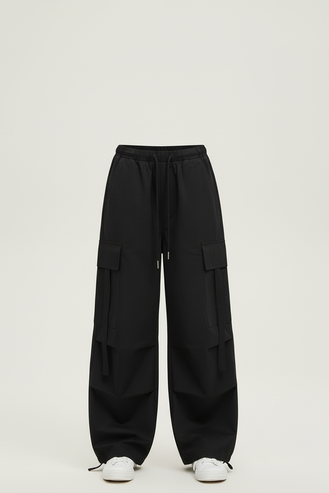 Pantalon Cargo Noir Ample Poches Cordon Fille - Toile - vue 3