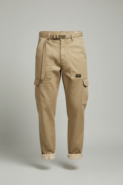 Pantalon Cargo Beige Coton Décontracté Coupe Ajustée - vue 3