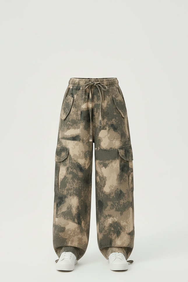 Pantalon Cargo Camouflage Ample Enfant Streetwear Multipoches - Kaki Toile - vue 3