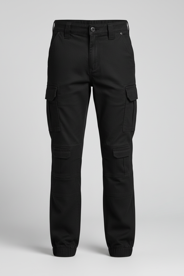 Pantalon Cargo Noir Coupe Droite Décontracté Multipoches Enfant - Toile - vue 3