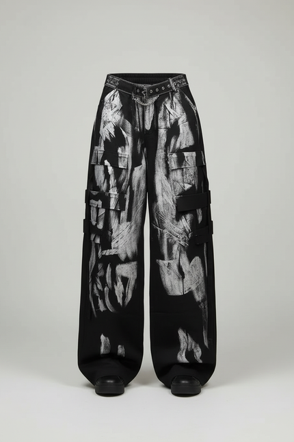 Pantalon Cargo Noir Peint Large Ample Femme - Toile - vue 3